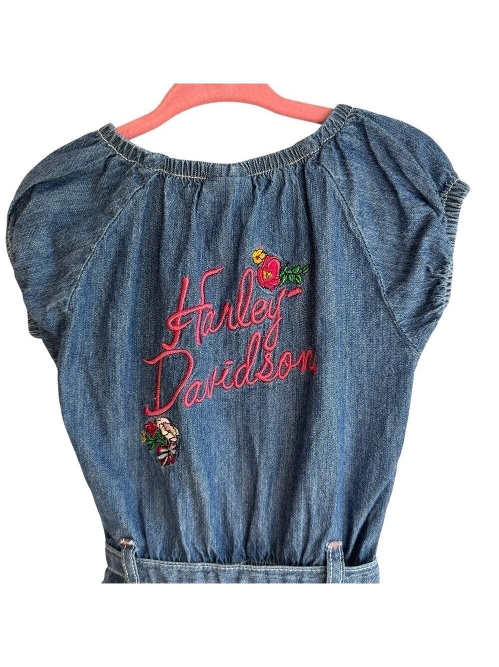Harley Davidson Chambray Romper Girls 4T Blue Pink Bling Jumper Shorts Summer